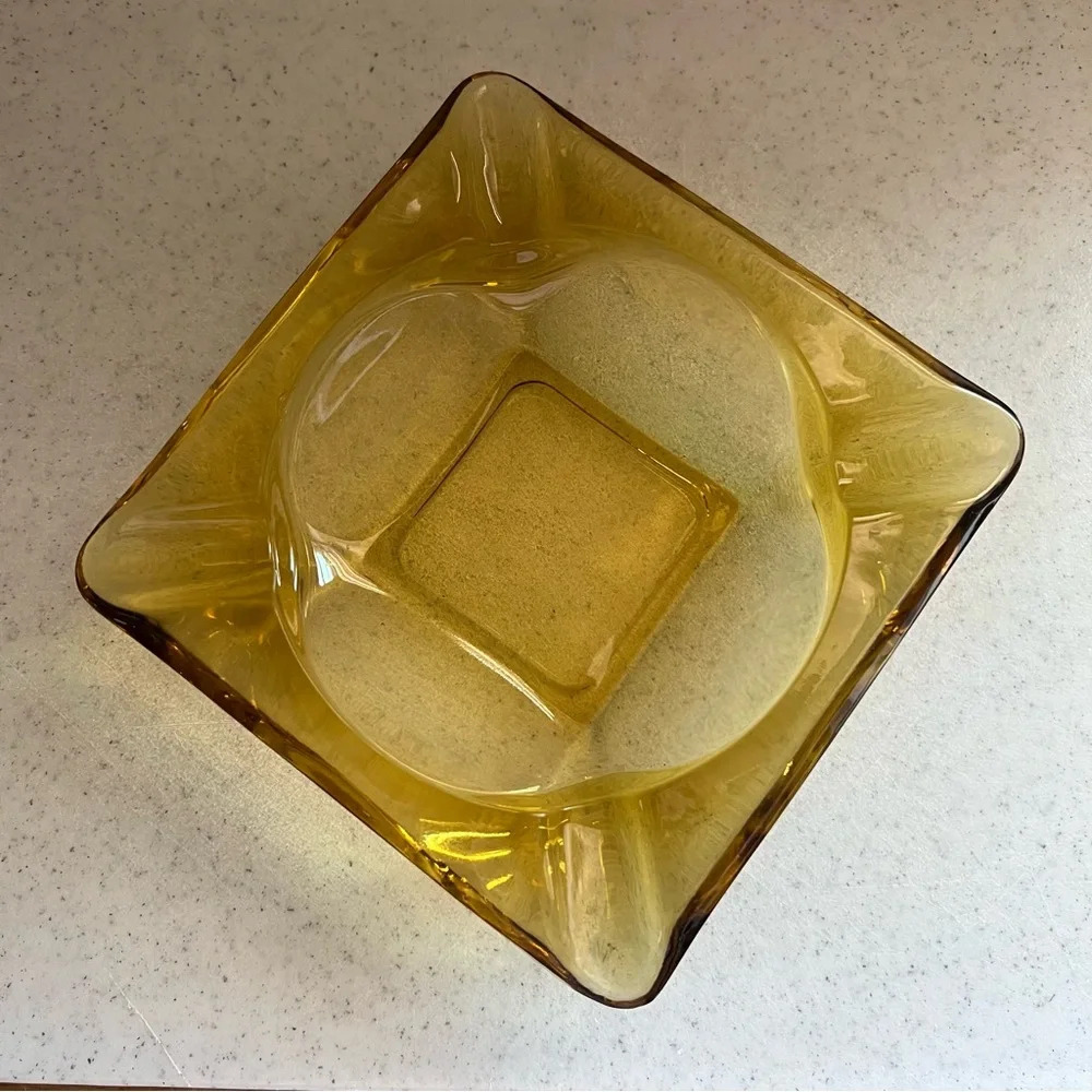 Vintage Ashtray Catchall 6” Square Amber Glass Cigar Trinket Dish Mancave MCM